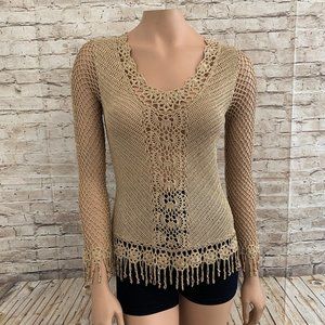 NWT V Cristina Embellished Gold Crochet Top SZ S
